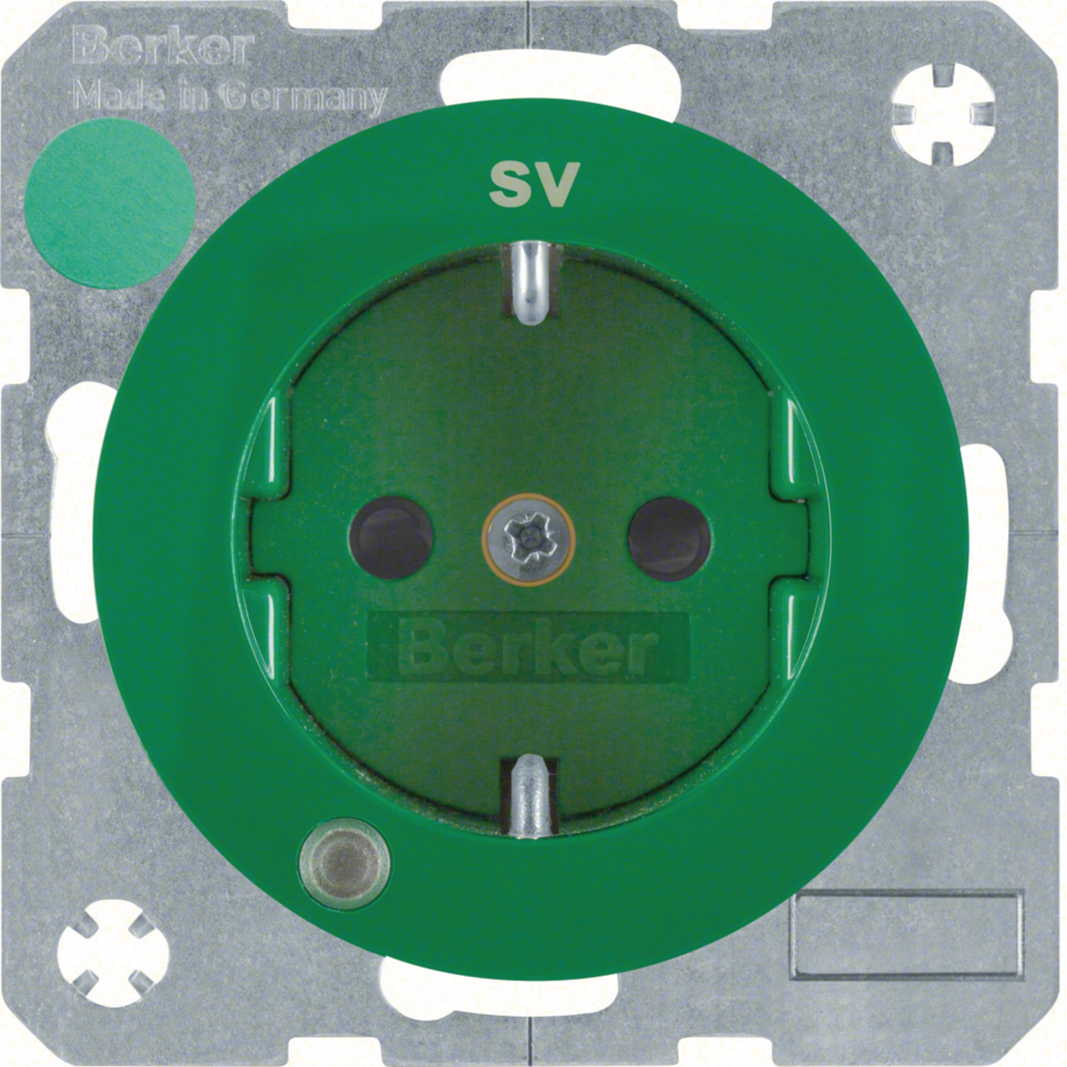 Berker R.3 Priz LED+"SV" Baskı. Gelişmiş Kontak Koruma - Vidalı, Yeşil